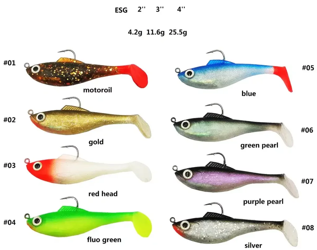 ESG 2inch 3inch 4inch Lead Fish Lures 3D Eyes Lead Fishing Lures With T Tail Soft Fishing Lure Single Hook.